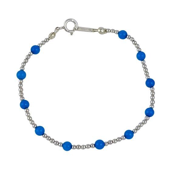 Blue Glass Bead Bracelet | Sterling Silver 925 | 90's Jewelry | 7" - Picture 1 of 7
